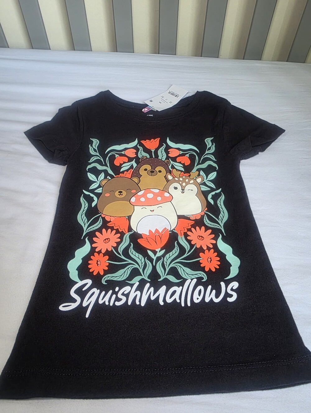 Squishmallows Black Tee with Coral Flowers and Mint Green Leaves NWT Size XS